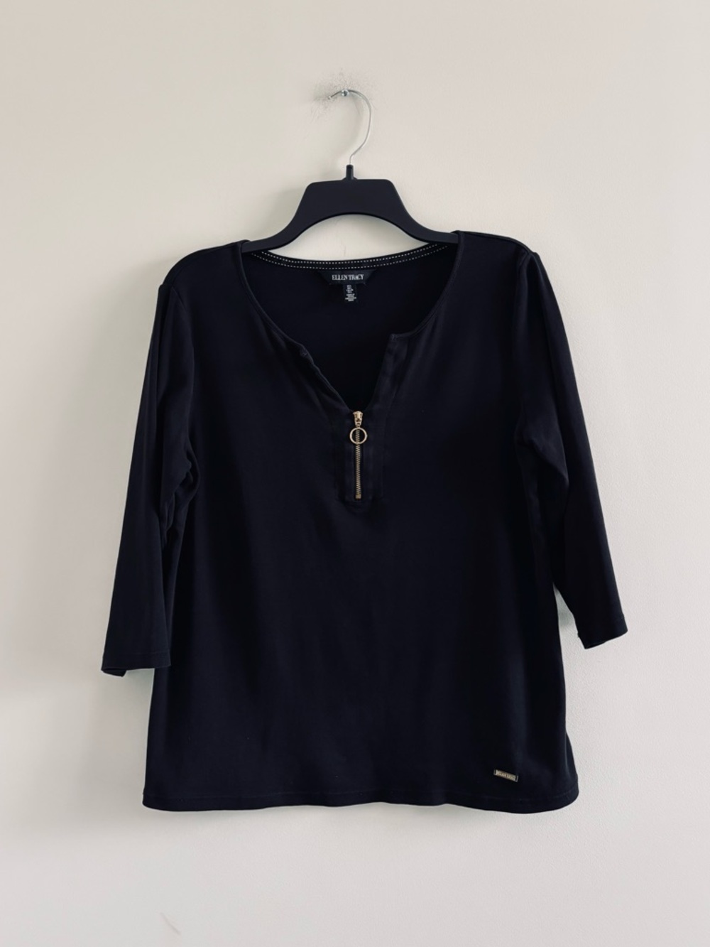 Ellen Tracy Top Black Gold Zipper Cotton 3/4 Sleeve Women L Office Y2K Classic